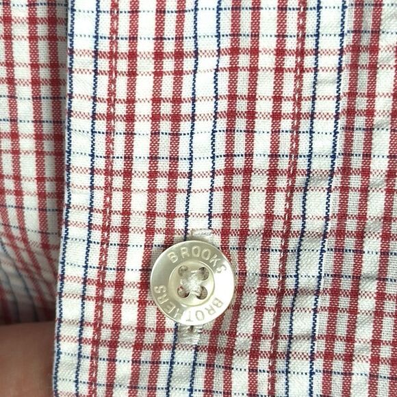Brooks Brothers Structured Cotton Shirt Button Up White Red Plaid Short Sleeve L - Picture 9 of 10